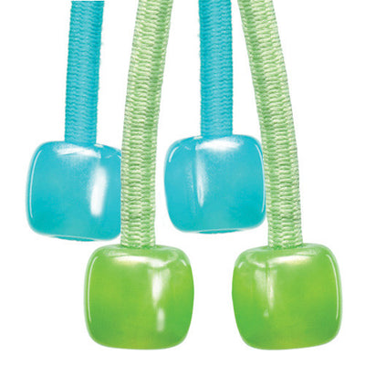 Sliding ponytail holders with acrylic charms in light blue and lime green