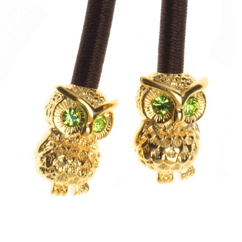 Gold Owl Crystal Accent Charms on Brown Elastic Cord with Gold-tone Pulleez clasp
