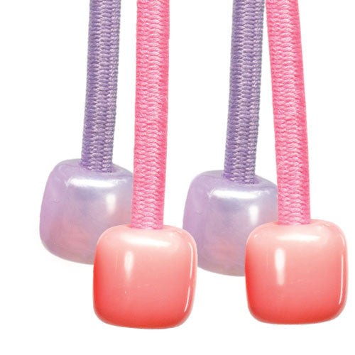 Sliding ponytail holders with acrylic charms in lavender and pink