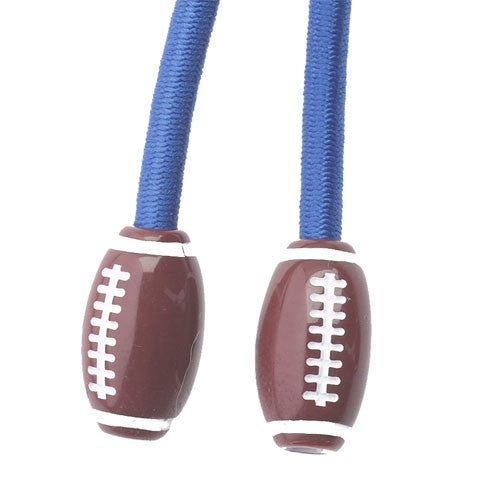 Sporteez sliding ponytail holder with football charms on blue elastic cord